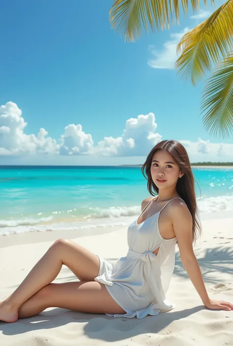 (best lighting from above, BEST SHADOW, masterpiece, High Quality), colorful, vibrant, Summer Feeling, white, Beautiful woman in white summery clothes , Loose hair, muscular, sitting on a white sand beach with crystal clear water, clear blue sky.