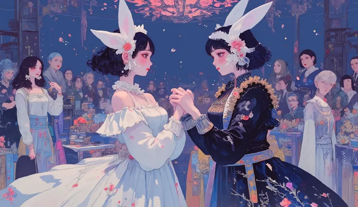(masterpiece,top quality:1.2),Japanese paper painting \( Japanese paper painting ),2 thin girls are dancing, Staring at Each Other's Faces ,1 person \(black shorthair, With her hair up , white maid headband ,1 red rose-shaped hair accessory,Wearing a fox...