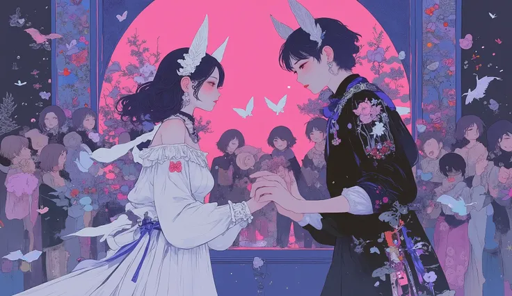 (masterpiece,top quality:1.2),Japanese paper painting \( Japanese paper painting ),2 thin girls are dancing, Staring at Each Other's Faces ,1 person \(black shorthair, With her hair up , white maid headband ,1 red rose-shaped hair accessory,Wearing a fox...