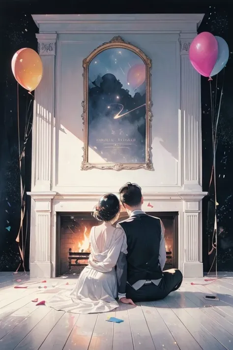 Super Detailed, absolute resolution, masterpiece. 
couples sitting shoulder to shoulder in front of fireplace ( I can't see a man's face,  woman turns around and winks with a cute smile ), Balloons and "Happy Valentine's Day" written on them, Sleeping cat, fireplace, fireplaceの柔らかな光 ,  happy space . 
Mr.々colorful, iridescent, misty glitter effect. 
very delicate depiction, very clear image, Bold and Dynamic, Contrast of Light and Dark, 2.5d, artistic photography, Super Real, watercolor fusion, Acrylic and Collage, Conceptual installation art