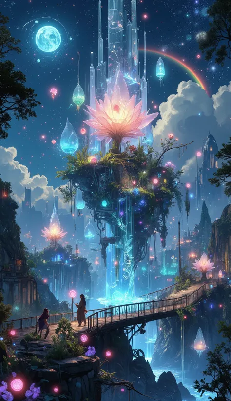 Floating above the endless sea of clouds，Floating Glowing crystal flowers and islands，Clearly visible super detail texture，Connected by a crystal bridge，Future biotech cities and luminous plants merge，rainbow，Super fine garden，Sharp bioluminescent plants，F...