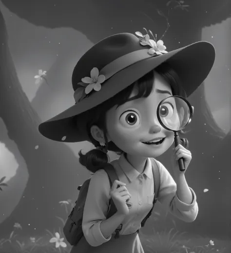 ((He looks through a magnifying glass in his hand)), Create a vibrant, Pixar-style illustration based on the provided image, but focusing on a path towards new adventures! The girl (around ) is wearing a hat and an explorer's outfit, but it should have a m...
