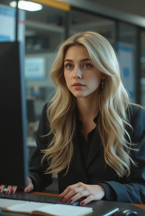Beautiful girl with long blonde hair, detailed eyes, nose, and lips , wearing professional clothes, and , using a computer, use an hp computer (Best Quality,4K,8k,Hi-Res,masterpiece:1.2),Super Detailed,(Realistic,photoRealistic,photo-Realistic:1.37),HDR,...