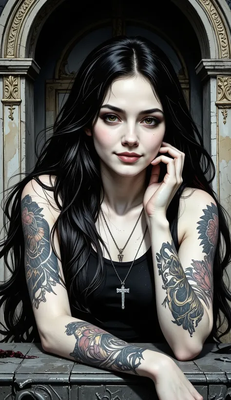  Done in a dark, trippy surreal style that is richly ornate and very detailed, a pale happy goth girl, she is Death, the reaper, the one who brings death as a mercy, as a dignity,smiling long dark hair that falls on her shoulders, black makeup, goth, both ...
