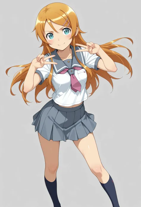 kirino kousaka, long hair, blue eyes, hair ornament, hairclip, orange hair, aqua eyes, School uniform, skirt, dynamic pose, standing, v pose, smile, looking at viewer,high quality, detailed, masterpiece