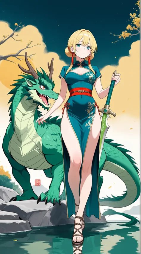 (Top Quality)) , (super A high resolution) , (Super Detailed) , (precise depiction) , ((Best Photos)) , (best works of art on the Moon) , Ultra Precision Art , amazing depiction of art , womanhood, sash belt, China Dress, Roman Sandals, Green Dragon Swo...