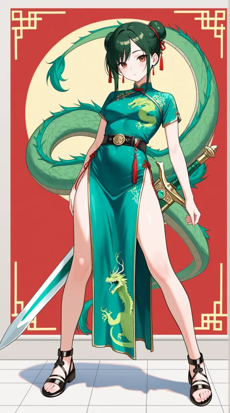 (Top Quality)) , (super A high resolution) , (Super Detailed) , (precise depiction) , ((Best Photos)) , (best works of art on the Moon) , Ultra Precision Art , amazing depiction of art , womanhood, sash belt, China Dress, Roman Sandals, Green Dragon Swo...