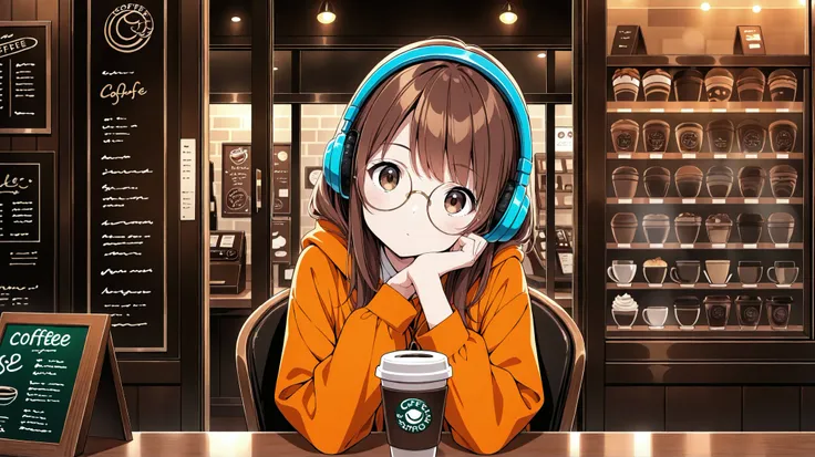 1girl, solo, staring at viewer, blur, coffee shop, long brown hair, headphones, round glasses, head tilt, thinking, sitting, coffee