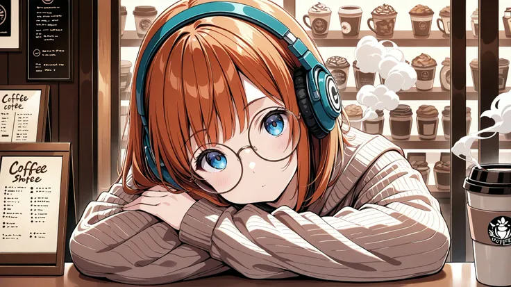 1girl, solo, staring at viewer, blur, coffee shop, bobbed hair, headphones, round glasses, head tilt, thoughts, sitting, coffee, smoke, smoke