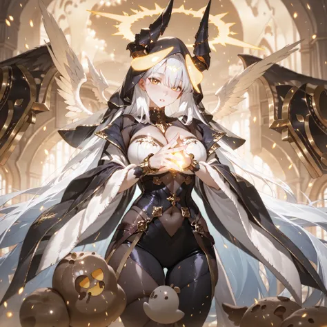 (SuperQuality:1.0) ~ (SuperQuality:1.2), detailxl, 1girl, High Resolution, Best Quality, High Details, Super Detailed, detailed background, white hair, long hair, golden eyes, horns, hood angel halo, cleavage, navel, thighs, large breasts, glowing, looking...