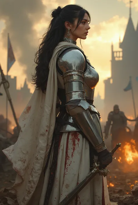 A tall and muscular female knight, 180cm in height, wearing radiant pearl-white armor with silver trim, standing beside her injured warhorse on a blood-soaked battlefield — she is turning her head over her shoulder, looking back solemnly at a burning warzo...