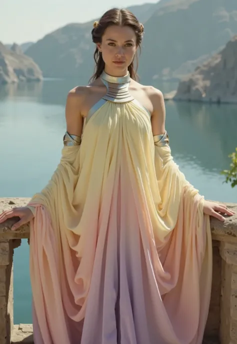 Professional 8k cinematographic photograph of a woman wearing a Padme Amidala dress from Lake Naboo, the dress is a flowing dress with a high collar and pale shoulders with a gradient of color that goes from yellow To lavender, The dress is connected to a ...