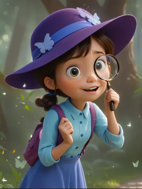 ((magic, lights, fireflies, butterflies)), ((He looks through a magnifying glass in his hand)), Create a vibrant, Pixar-style illustration based on the provided image, but focusing on a path towards new adventures! The girl (around ) is wearing a hat and a...