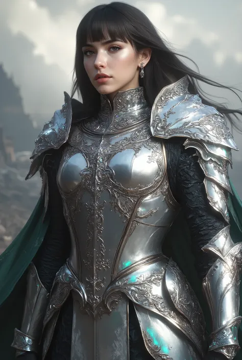 A majestic and muscular female knight standing tall at 180cm, with a statuesque, athletic build and commanding presence — wearing radiant pearl-white full plate armor with elegant silver filigree and subtle iridescent sheen, her long dark hair flowing beh...