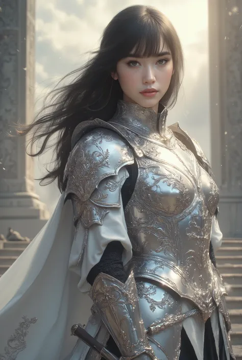 A majestic and muscular female knight standing tall at 180cm, with a statuesque, athletic build and commanding presence — wearing radiant pearl-white full plate armor with elegant silver filigree and subtle iridescent sheen, her long dark hair flowing beh...