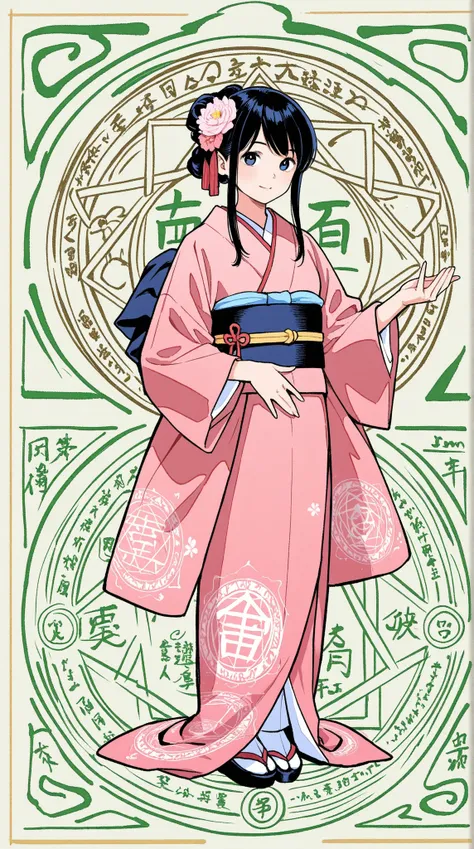 womanhood, kimono, Magic circle drawn with the kanji, Japanese-style magic circle drawn in kanji, Japanese Fantasy Art,