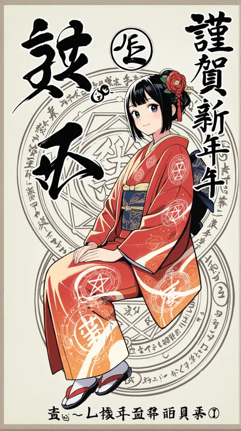 womanhood, kimono, Magic circle drawn with the kanji, Japanese-style magic circle drawn in kanji, Japanese Fantasy Art,