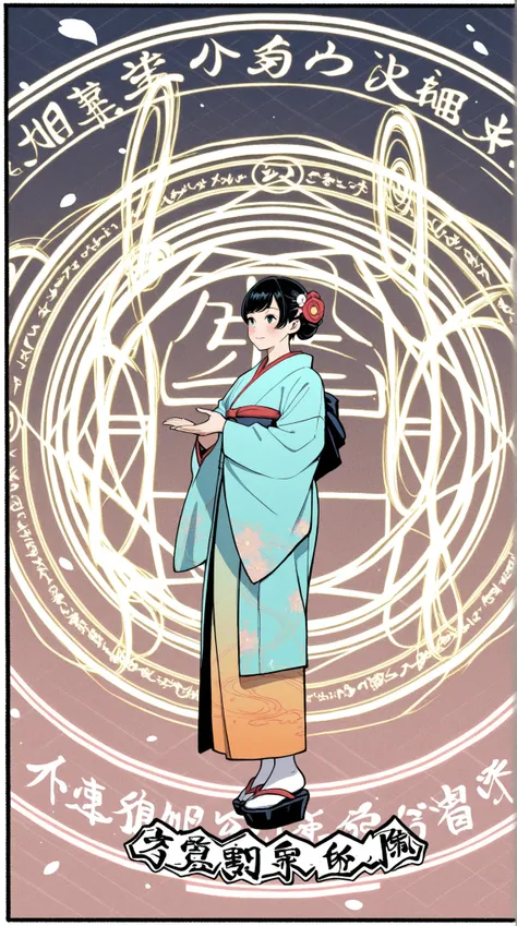 womanhood, kimono, Magic circle drawn with the kanji, Japanese-style magic circle drawn in kanji, Japanese Fantasy Art,