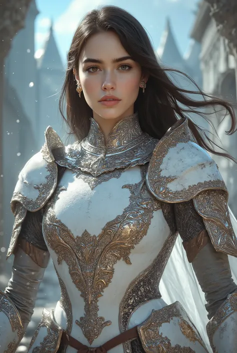 A majestic and muscular female knight standing tall at 180cm, with a statuesque, athletic build and commanding presence — wearing radiant pearl-white full plate armor with elegant silver filigree and subtle iridescent sheen, her long dark hair flowing beh...