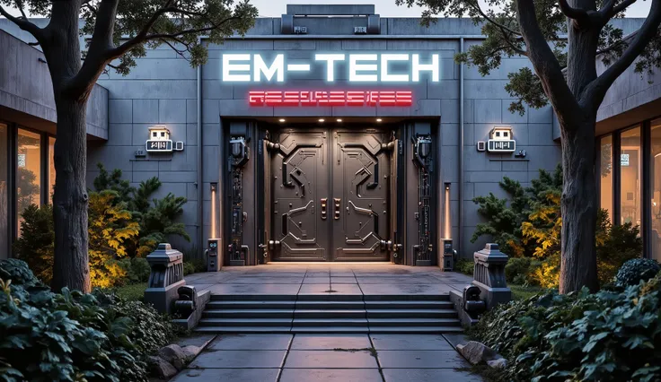  Bird's eye view, Extra long shot, exterior walls, concrete staircase lead up to a large metal door set in the large brick wall, above the doors is a neon sign with Em-TECH ROBOTICS written in glowing white neon, large eucalyptus trees grow near the entran...