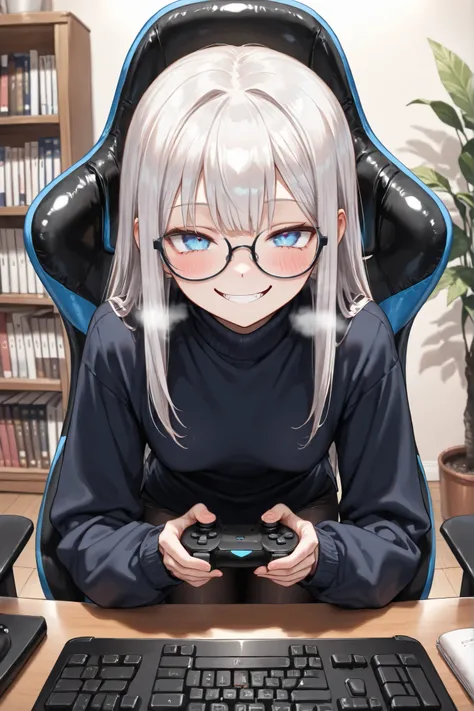 ((Masterpiece)),((best quality)),((incredibly absurdres)),((8K)),(semi realistic),
1 girl,solo,younger,kawaii,white hair,long hair,straight hair,blue eyes,small breasts,
((black eyewear)),(navy blue turtleneck shirt),black skinny jeans,shirt untucked,
evil...
