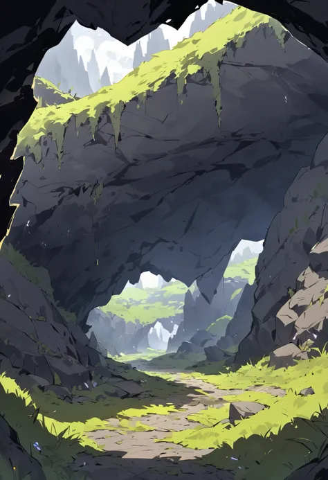 the environment is a large cave, with dark purple cubic crystals on the ground and the side, and yellow grass and moss, with grey rock