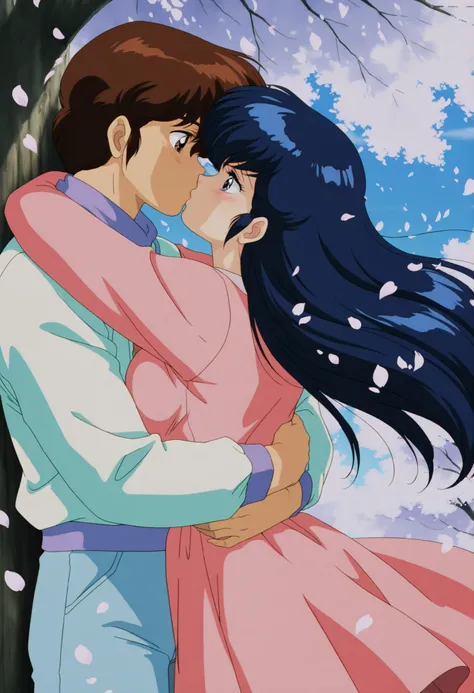 masterpiece,best quality,amazing quality,anime screencap,retro artstyle,1980s \(style\),
Otonashi kyoko,1girl,
blue hair,blue eyes,breasts,
1boy,hug,kiss,under tree,petals,wind,brown hair,brown eyes,