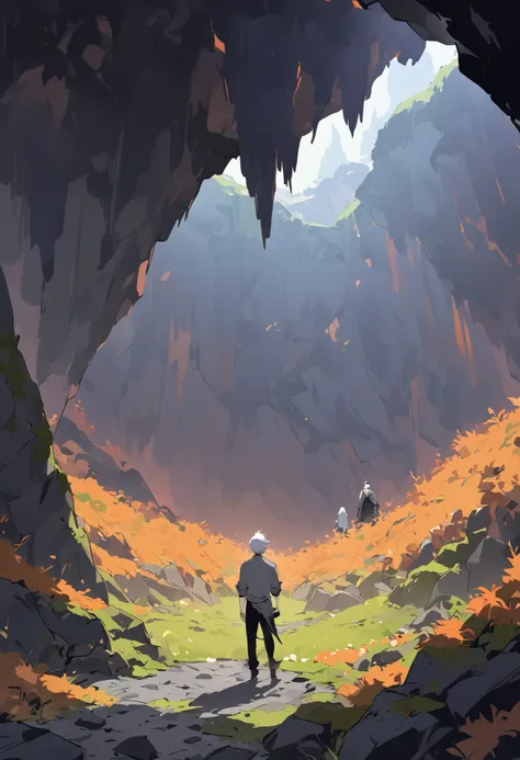 (two man with white hair, a grey jacket with rolled up sleeves and a black pant, standing still, looking at the cave), the environment is a large cave, with dark purple cubic crystals on the ground and the side, orange grass and moss, with grey rock, view ...