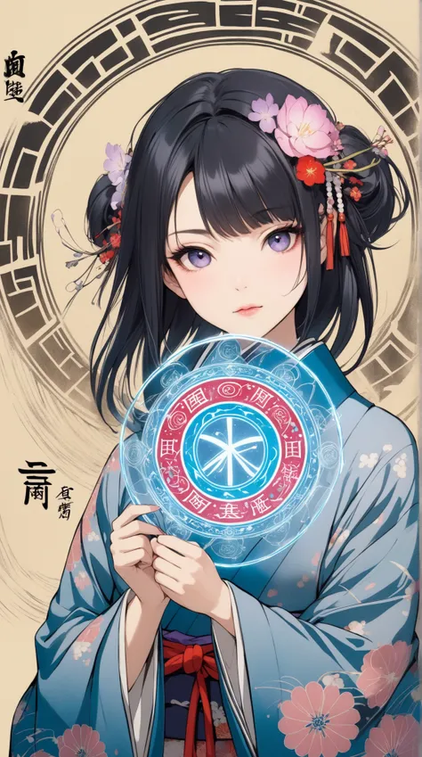 womanhood,  kimono, Magic circle drawn with the kanji, Japanese-style magic circle drawn in kanji, Japanese Fantasy Art, 