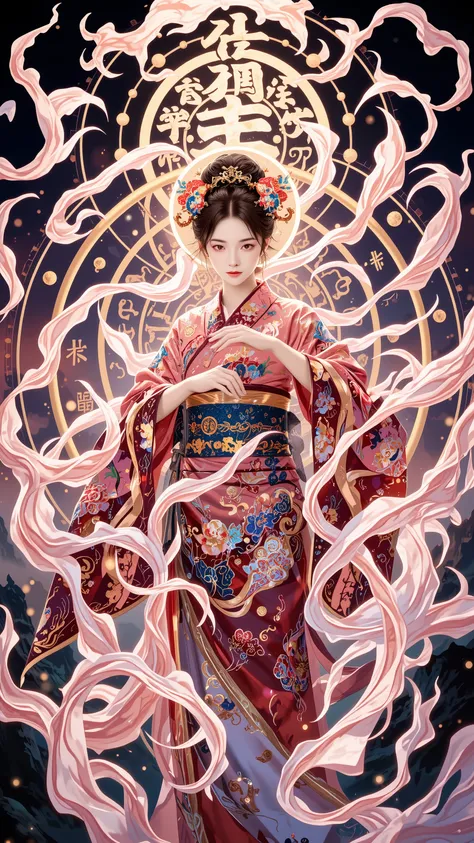 womanhood, kimono, Magic circle drawn with the kanji, Japanese-style magic circle drawn in kanji, Japanese Fantasy Art,