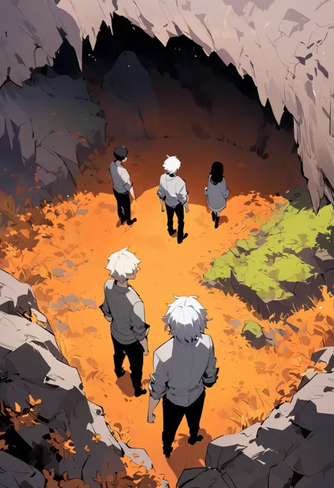 (two boys and two girls with white hair, a group of four with grey jackets with rolled up sleeves and a black pants, standing still, looking at the cave), the environment is a large cave, with dark purple cubic crystals on the ground and the side, orange g...