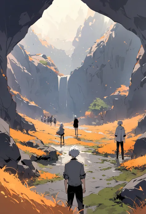 (two boys and two girls with white hair, a group of four with grey jackets with rolled up sleeves and a black pants, standing still, looking at the cave), the environment is a large cave, with dark purple cubic crystals on the ground and the side, orange g...