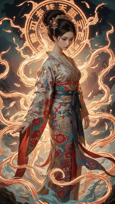 womanhood, kimono, Magic circle drawn with the kanji, Japanese-style magic circle drawn in kanji, Japanese Fantasy Art,