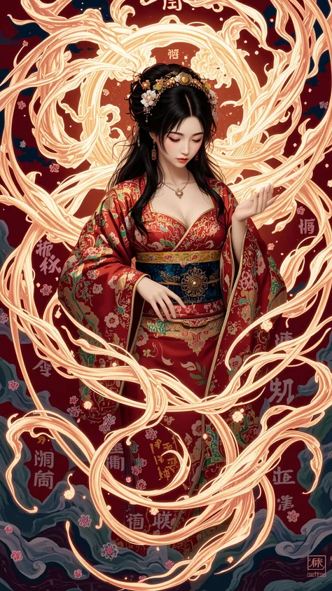 womanhood, kimono, Magic circle drawn with the kanji, Japanese-style magic circle drawn in kanji, Japanese Fantasy Art,