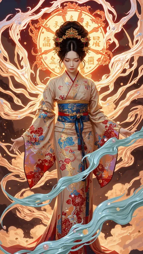 womanhood, kimono, Magic circle drawn with the kanji, Japanese-style magic circle drawn in kanji, Japanese Fantasy Art,