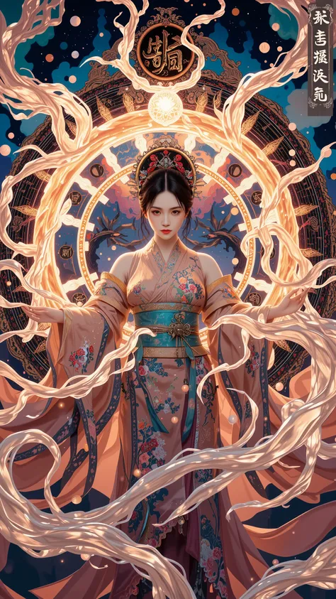 womanhood, kimono, Magic circle drawn with the kanji, Japanese-style magic circle drawn in kanji, Japanese Fantasy Art,