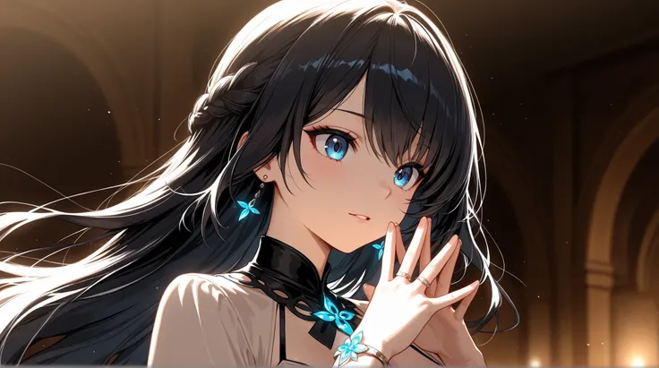A beautiful anime-style woman with long flowing black hair, running her fingers through her hair. She has striking blue eyes and a soft, luminous complexion. Her head is slightly tilted as she gazes intently forward with a captivating, almost mysterious st...