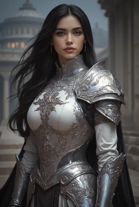 A majestic and muscular female knight standing tall at 180cm, with a statuesque, athletic build and commanding presence — wearing radiant pearl-white full plate armor with elegant silver filigree and subtle iridescent sheen, her long dark hair flowing beh...