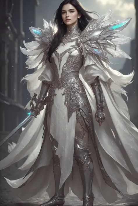 A majestic and muscular female knight standing tall at 180cm, with a statuesque, athletic build and commanding presence — wearing radiant pearl-white full plate armor with elegant silver filigree and subtle iridescent sheen, her long dark hair flowing beh...
