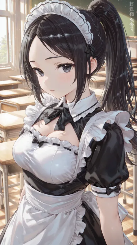 ((Top Quality)) (Excellent) (Details) Girl wearing maid outfit, ponytail, no bangs, black hair, black eyes, classroom
