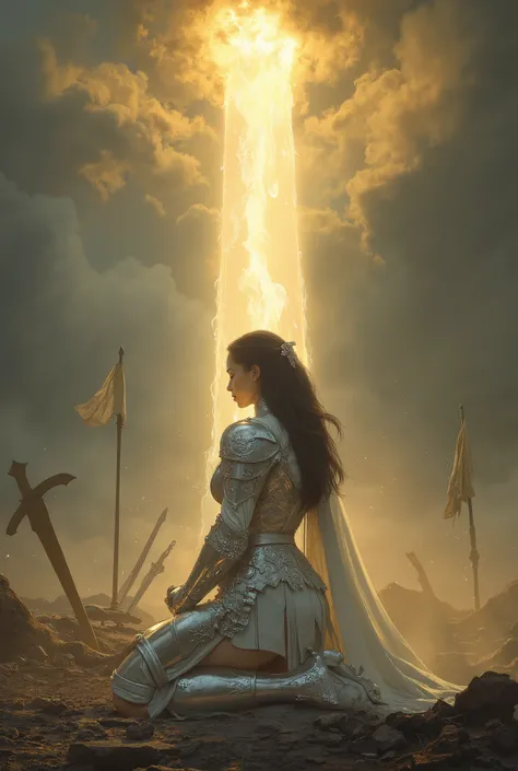 A majestic and muscular female knight, 180cm tall, clad in pearl-white full plate armor with silver filigree and battle-worn edges, kneeling alone in a ruined battlefield — above her, the stormy sky breaks open with a single shaft of divine light piercing ...