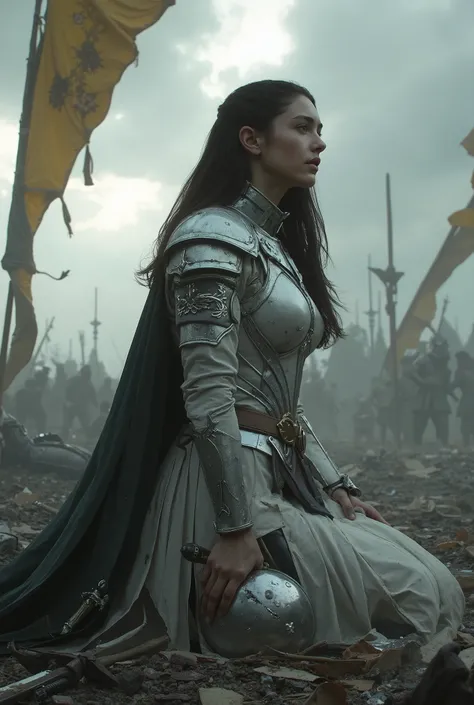 A tall and muscular female knight, 180cm in height, kneeling with one knee on the ground amidst the ruins of a battlefield, wearing pearl-white armor with silver detailing, dirtied and scratched — she holds her helmet at her side and looks upward toward th...