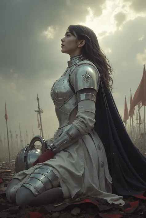 A tall and muscular female knight, 180cm in height, kneeling with one knee on the ground amidst the ruins of a battlefield, wearing pearl-white armor with silver detailing, dirtied and scratched — she holds her helmet at her side and looks upward toward th...