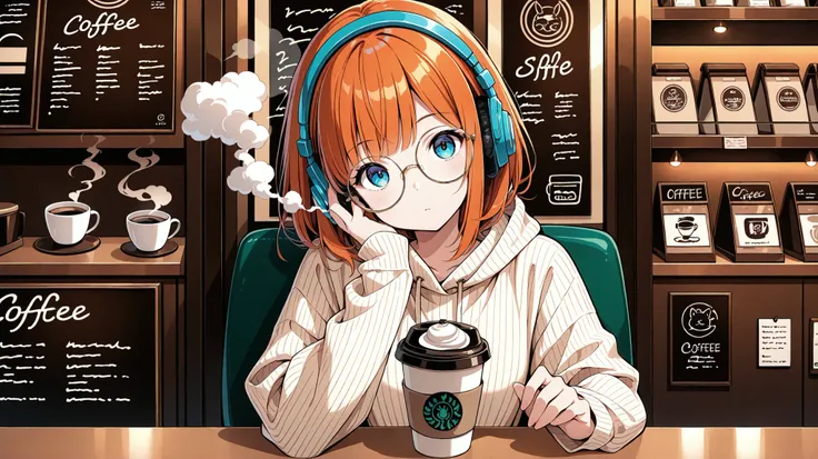 1girl, solo, staring at viewer, blur, coffee shop, bobbed hair, headphones, round glasses, head tilt, thoughts, sitting, coffee, smoke, smoke