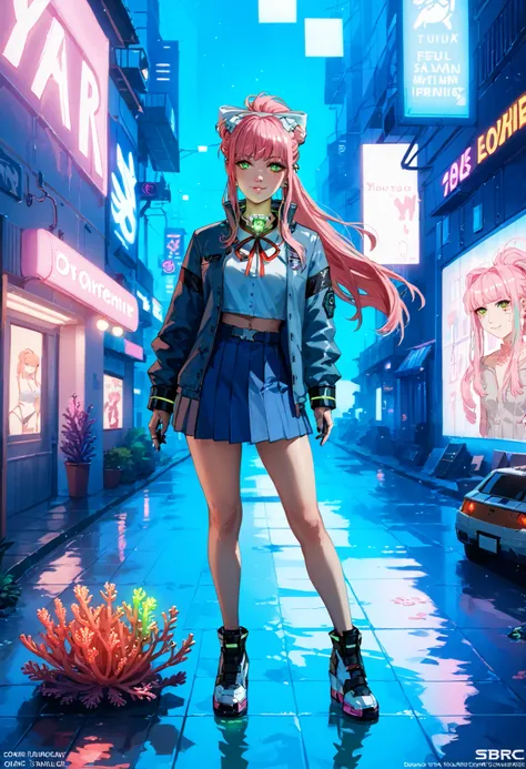 ((Cyberpunk 2077 concept art)), (Monika DDLC), cybernetic enhancements visible on neck, coral-pink hair with neon green highlights (glowing:1.1), piercing emerald green cybernetic eyes (glow:1.1), futuristic modified school uniform (glowing elements), holo...