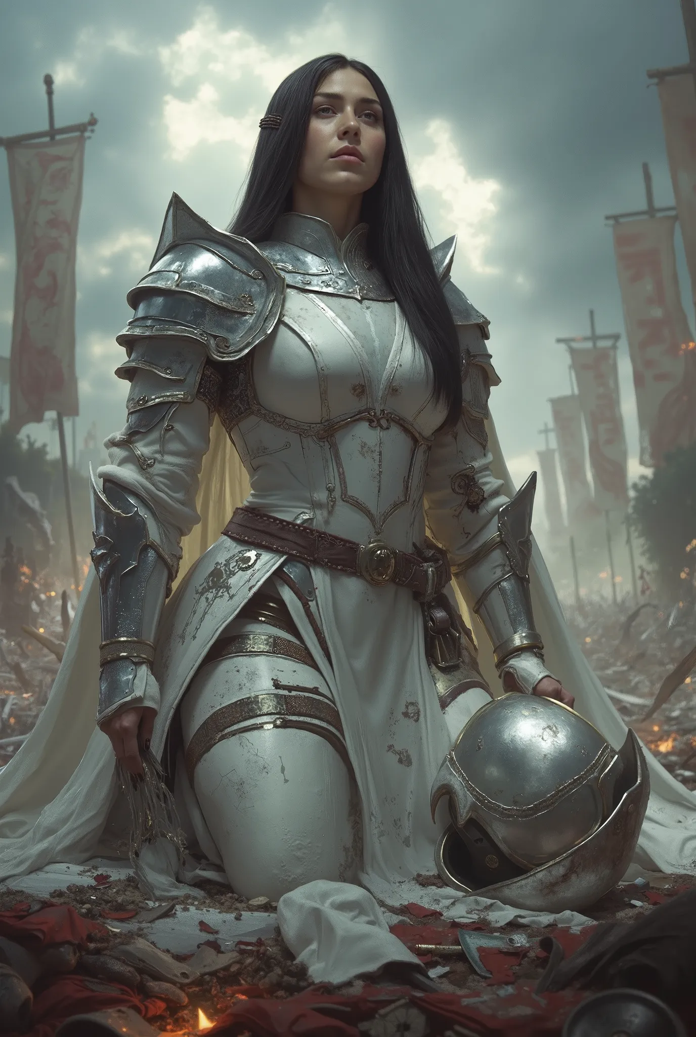 A tall and muscular female knight, 180cm in height, kneeling with one knee on the ground amidst the ruins of a battlefield, wearing pearl-white armor with silver detailing, dirtied and scratched — she holds her helmet at her side and looks upward toward th...