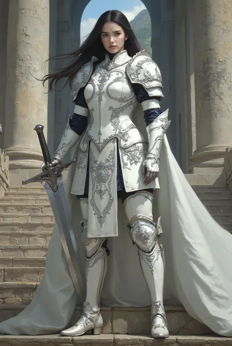 A majestic and muscular female knight standing tall at 180cm, with a statuesque, athletic build and commanding presence — wearing radiant pearl-white full plate armor with elegant silver filigree and subtle iridescent sheen, her long dark hair flowing beh...
