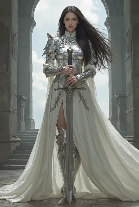 A majestic and muscular female knight standing tall at 180cm, with a statuesque, athletic build and commanding presence — wearing radiant pearl-white full plate armor with elegant silver filigree and subtle iridescent sheen, her long dark hair flowing beh...
