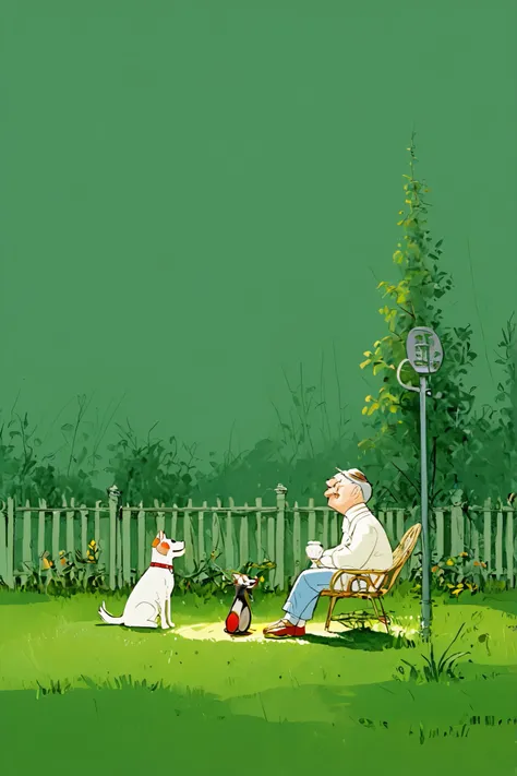 Melancholy scene、woman and dog sitting、Sitting in the middle of a yard、Stick out your backwards, Presence,   atmosphere, Classic Anime , tex avery , Looney Tunes style,1960s Rankin-Bass stop-motion, Texas Avery-inspired , animated film stills, Western anim...