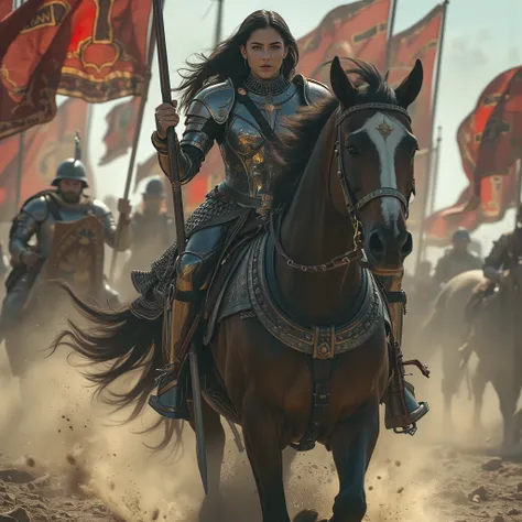 A tall and muscular female knight, 180cm in height, captured in the intense moment just before a cavalry charge — she is mounted on a powerful warhorse and holding a long lance horizontally with both hands, her body leaning forward in a battle-ready stanc...